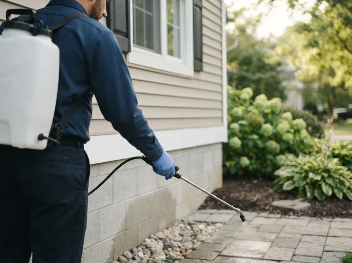 Pest control technician inspecting a home in Guthrie, OK